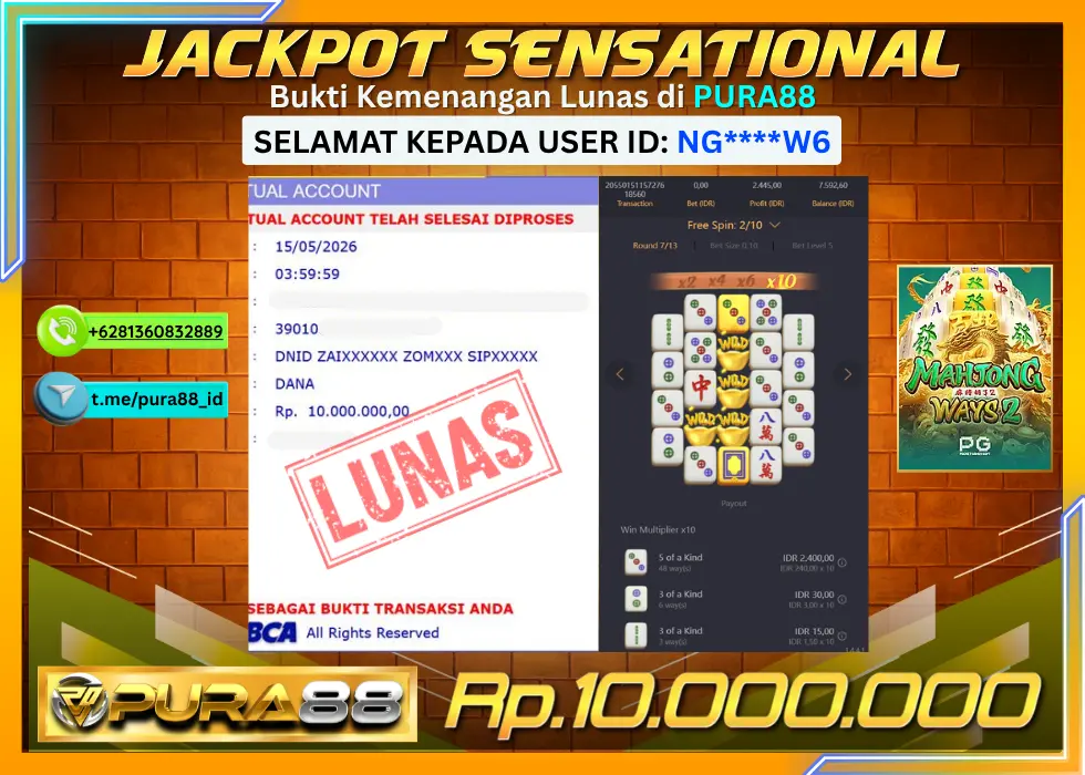 PURA88 JACKPOT MAHJONG WAYS 2 Rp 10.000.000,- LUNAS
